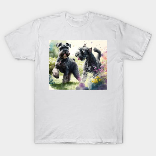 Two Black Miniature Schnauzers Playing Watercolour Painting T-Shirt by TheArtfulAI